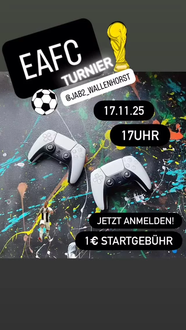 Es ist mal wieder soweit! „Turniertime“ in eurem JaB2!!! 
Ab sofort könnt ihr euch dafür, wie immer, an der Theke im Cafè anmelden und am 17.11.25 ab 17 Uhr den großen Preis abräumen! Wir haben richtig bock auf EAFC26! Und ihr? Los geht’s…

#jab2 #jugendpflegewallenhorst #jugendzentrumwallenhorst #kommvorbei #keinelangeweile #jugendzentrumjab2 #playsitime